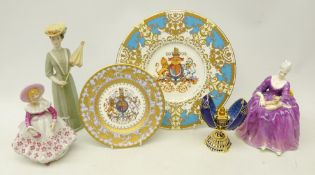 Royal Doulton figure 'Charlotte', Royal Dux figure, two Jubilee plates both elaborately decorated,