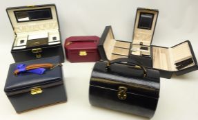 Three Dulwich Designs leather jewellery boxes and two other similar jewellery boxes (5)