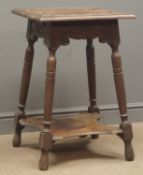 19th century oak occasional table, carved top, turned splayed legs joined by an undertier, W47cm,