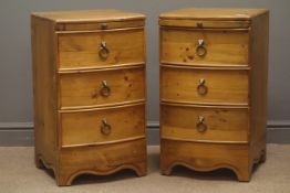 Pair pine bow fronted bedside chests, brushing slides and three drawers, shaped bracket feet, W40cm,