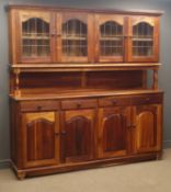 Large hardwood dresser, raised display cabinets with lead glazed doors,