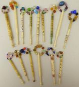 Fifteen Victorian turned bone lace bobbins, including named examples,