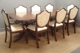 Inlaid mahogany twin pedestal dining table and set eight chairs (6+2), upholstered back and seat,