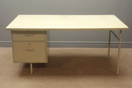 Mid to late 20th century rectangular desk, two steel drawers and supports, W153cm, H71cm,