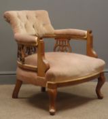 Late Victorian walnut framed tub chair, upholsterd cresting rail, arms and seat, pierced splat,