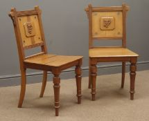 Pair late Victorian light oak hall chairs, backs with carved initials 'D.T.