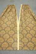 Two pairs thermal lined curtains, gold and blue floral pattern, with pelmets,