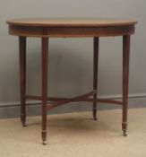 Edwardian inlaid mahogany oval occasional table, tapering supports joined by stretchers, W92cm,