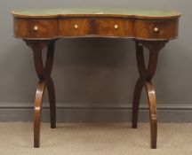 Reproduction Regency style kidney shaped inlaid mahogany desk, single drawers, 'X' framed supports,