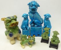 Modern Chinese Dog of Fo three piece garniture with turquoise glaze, H37cm,