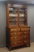 19th century pine and mahogany display cabinet, projecting cornice, dentil frieze,