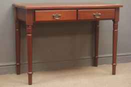 Reproduction mahogany side table, two drawers, turned supports, W102cm, H74cm,