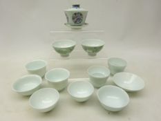 Nine Chinese Celadon tea bowls, varying shapes, pair of tea bowls and another with cover and saucer,