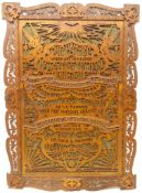 Victorian fretwork panel carved with the Lords prayer,