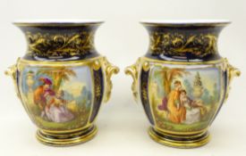 Pair of 19th century French vases with hand painted panels depicting figures in 18th century dress