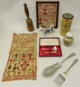 Two 19th/early 20th century samplers, vintage kitchenalia, Madras Curry Powder Tin,