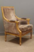 French style light oak framed armchair, upholstered back, seat and arms, turned and reeded supports,