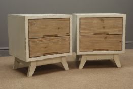 Rustic wood and painted two drawer bedside chests, W50cm, H56cm,