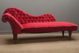 Victorian beech framed chaise longue, serpentine buttoned back in red fabric, turned supports,