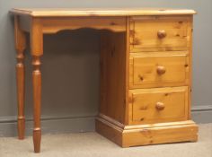 Pine desk, three drawers, two turned supports and a plinth base, W102cm, H77cm,