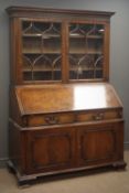 Georgian style mahogany bureau bookcase, projecting cornice, blind fret work frieze,