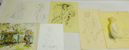 Collection of pictures including Female Nudes and Figurative Portraits, pencil and oils,