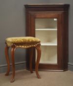 Victorian upholstered stool with cabriole supports and a 19th century glazed corner cupboard,