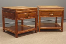 Pair Chinese rosewood lamp tables fitted with single drawers,