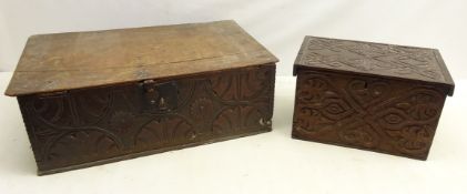 Early 18th century oak chest, carved frontage with hinged lid enclosing fitted candle box,