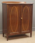 Early to mid 20th century mahogany inlaid cabinet, raised back, two doors, square tapering supports,