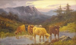 Highland Cattle Watering, oil on canvas signed by Charles W. Oswald British (fl.