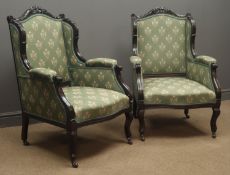 Pair Queen Anne style chairs, stained walnut frame, upholstered in green fabric,