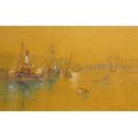 Steam and Sail Boats in Scarborough Harbour, watercolour signed by Frank Rousse (British fl.