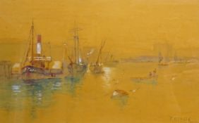 Steam and Sail Boats in Scarborough Harbour, watercolour signed by Frank Rousse (British fl.