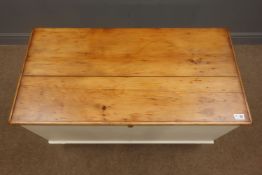 Painted pine chest, hinged lid enclosing small trinket drawer, turned supports, W94cm, H55cm,