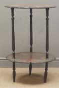 Late 19th century Chinese lacquered two tier side table, turned supports, W51cm,