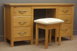 Twin pedestal oak desk, two sets of three drawers, stile supports, W138cm, H76cm,
