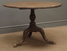 Georgian circular oak coffee table, single turned column, three splayed supports, W80cm,