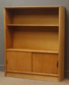 Teak open bookcase, adjustable shelves, sliding cupboards, solid end supports, W91cm, H112cm,