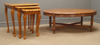 Oval coffee table, turned and reeded legs joined by stretchers, (W112cm, H41cm,