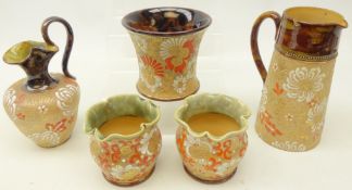 Five pieces of Doulton Lambeth Slaters Patent stoneware pottery,