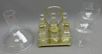 Three decanters, two salt shakers and sugar pot on stand, IIttala mouth blown decanter,