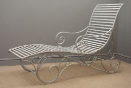 Silver finish wrought metal scrolled garden lounger H100cm, W60cm,