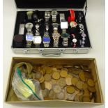 Quantity of Edward VII and later mostly Great British Pennies and cased watches