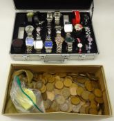 Quantity of Edward VII and later mostly Great British Pennies and cased watches