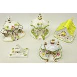 Five Coalport house models; The Gingerbread House, Temple House, The Parasol House,