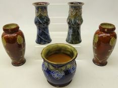 Pair Royal Doulton stoneware vases with beaded decoration, H15cm,