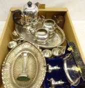 Three piece silver-plated tea set, matched two handled tea tray, fruit basket,