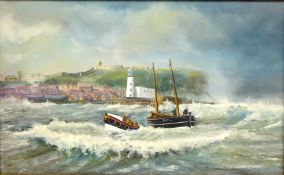 Scarborough Lifeboat on a Rescue, 20th century oil on board signed by Robert Sheader 37cm x 59.