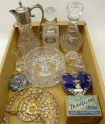 Crystal glass mallet shaped decanter and another decanter with silver-plated drinks labels,